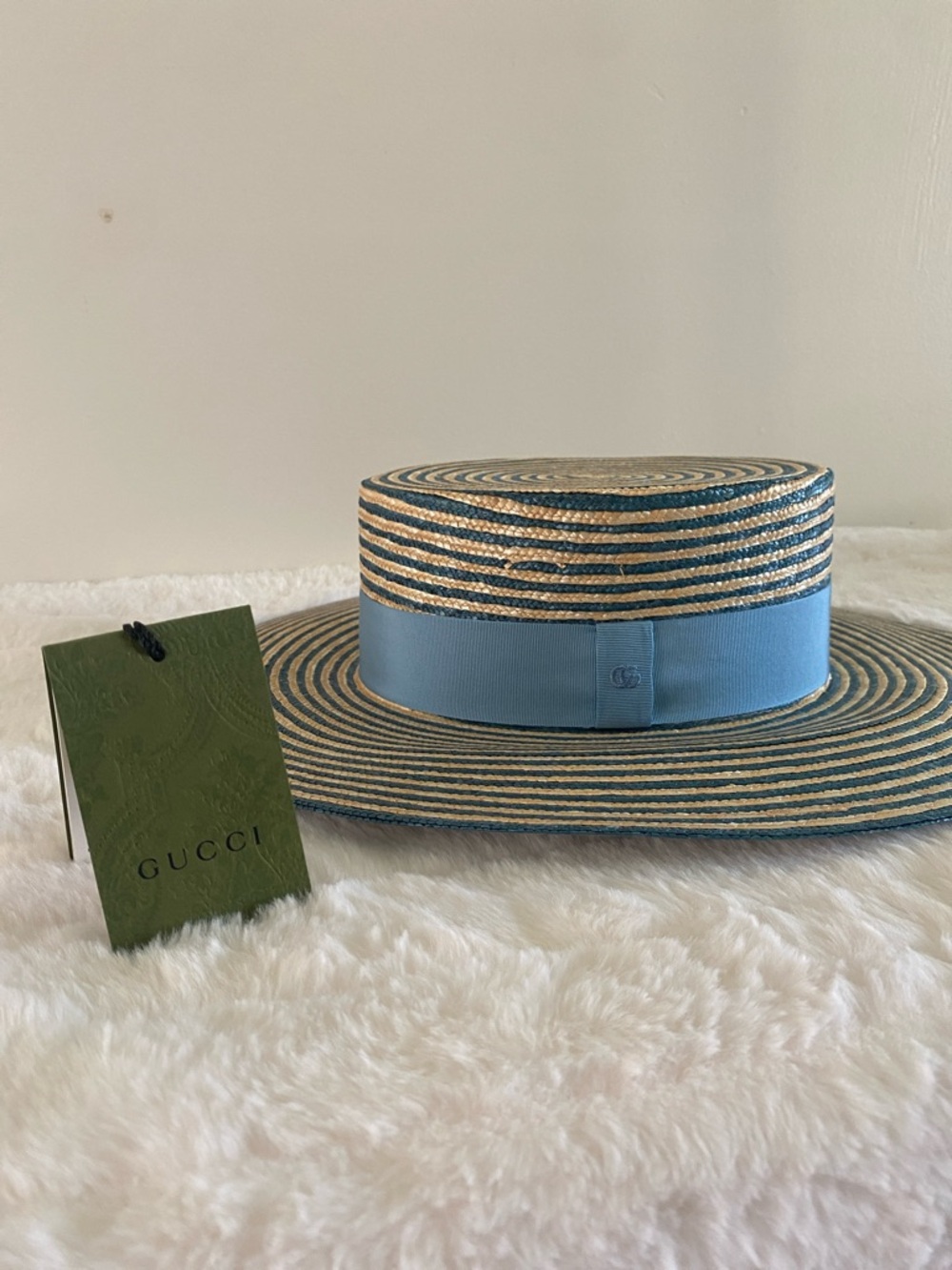 GUCCI Alvy Striped Beige and Light Blue Raffia Straw Hat - PRICE FIRM - Picture 3 of 16